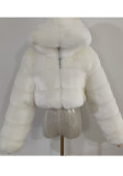 Women Winter White Full Sleeves Solid Hooded Short Fur Coat