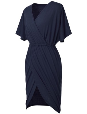 Women Summer Blue Modest V-neck Short Sleeves Solid Asymmetrical Office Dress