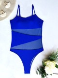 Women Blue High-Leg Strap Patchwork One Piece Swimsuit