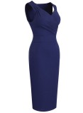 Women Summer Blue Formal V-neck Sleeveless Solid Pleated Midi Pencil Office Dress