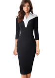 Women Spring Contrast Color Formal Turn-down Collar Three Quarter Sleeves Midi Pencil Office Dress