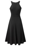 Women Summer Black Vintage Halter Sleeveless Solid Lace Bow A-line Midi Dress