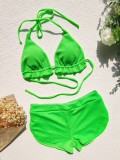 Women Green Halter Solid Ruffles Two Piece Swimwear
