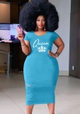 Women Summer Blue Casual O-Neck Short Sleeves Letter Print Midi Pencil Plus Size Shirt Dress