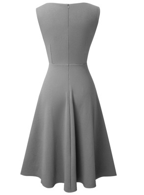 Women Summer Grey Sexy V-neck Sleeveless Solid A-line Midi Dress