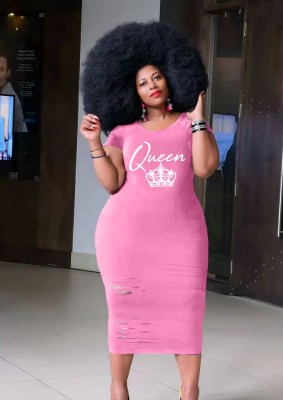 Women Summer Pink Casual O-Neck Short Sleeves Letter Print Midi Pencil Plus Size Shirt Dress