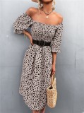 Women Summer Khaki Sweet Square Collar Puff Sleeves Leopard Print Fit and Flare Holiday Dress