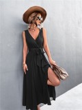 Women Summer Black Sexy V-neck Sleeveless Solid Belted A-line Holiday Dress