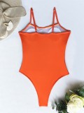 Women Orange High-Leg Strap Patchwork One Piece Swimsuit