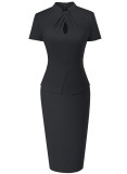 Women Summer Black Vintage O-Neck Short Sleeves Solid Midi Pencil Office Dress