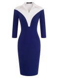 Women Spring Contrast Color Modest Turn-down Collar Three Quarter Sleeves Midi Pencil Office Dress