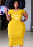 Women Summer Yellow Casual O-Neck Short Sleeves Letter Print Midi Pencil Plus Size Shirt Dress