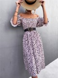 Women Summer Pink Romantic Square Collar Puff Sleeves Leopard Print A-line Holiday Dress