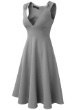 Women Summer Grey Sexy V-neck Sleeveless Solid A-line Midi Dress