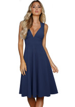 Women Summer Blue Formal V-neck Sleeveless Solid A-line Midi Dress