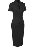 Women Summer Black Vintage O-Neck Short Sleeves Solid Midi Pencil Office Dress