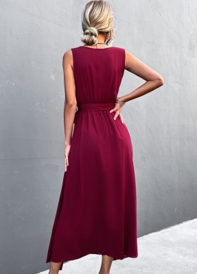 Women Summer Burgunry Romantic V-neck Sleeveless Solid Belted A-line Holiday Dress