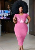 Women Summer Pink Casual O-Neck Short Sleeves Letter Print Midi Pencil Plus Size Shirt Dress
