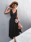 Women Summer Black Sexy V-neck Sleeveless Solid Belted A-line Holiday Dress
