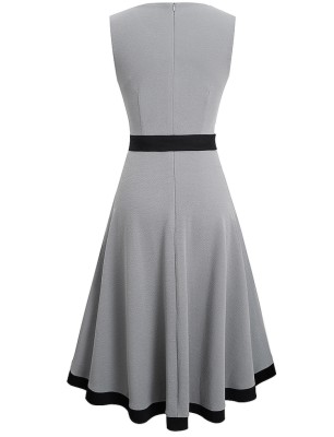 Women Summer Grey Vintage O-Neck Sleeveless Solid Bow A-line Midi Dress