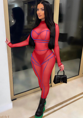 Women Summer Red Sexy O-Neck Full Sleeves Mesh Skinny Jumpsuit