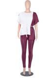 Women Spring White and Burgunry Casual O-Neck Short Sleeves Patchwork Belted Regular Two Piece Pants Set
