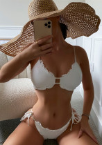 Women White Bikini Straps Solid Lace Up Two Piece Swimwear