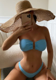 Women Blue Bandeau Strapless Solid U-ring Two Piece Swimwear