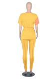 Women Spring Orange and Yellow Casual O-Neck Short Sleeves Patchwork Belted Regular Two Piece Pants Set