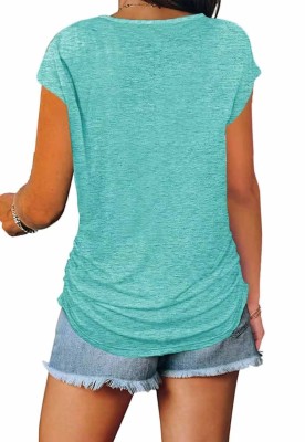 Women Summer Light Green Casual V-neck Short Sleeves Solid Zippers Regular T-Shirt