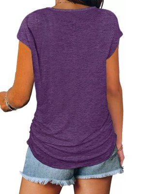 Women Summer Purple Casual V-neck Short Sleeves Solid Zippers Regular T-Shirt