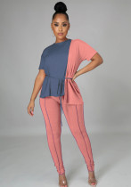 Women Summer Blue and Pink Casual O-Neck Short Sleeves Patchwork Belted Regular Two Piece Pants Set