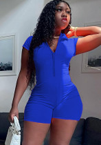 Women Summer Blue Sexy O-Neck Short Sleeves Solid Zippers Above Knee Skinny Rompers