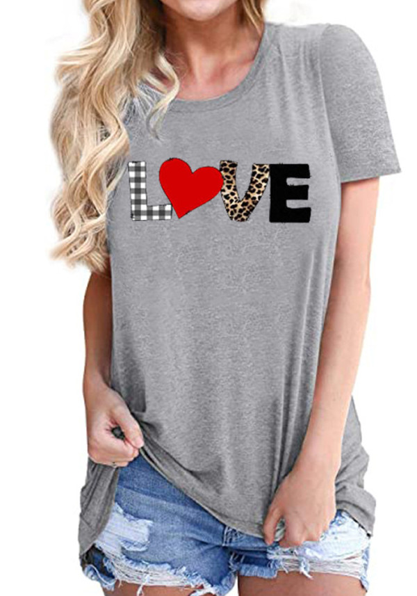 Women Summer Grey Casual O-Neck Short Sleeves Love Printed Regular T-Shirt