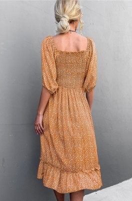 Women Summer Orange Vintage Off-the-shoulder Puff Sleeve Floral Print Ruffles Midi Loose Holiday Dress