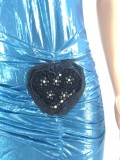 Women Summer Blue Sexy V-neck Straps Solid PU Leather Ruched Slit Midi Asymmetrical Club Dress