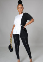Women Summer White and Black Casual O-Neck Short Sleeves Patchwork Belted Regular Two Piece Pants Set