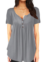Women Summer Grey Casual V-neck Half Sleeves Solid Button Regular Loose Tops