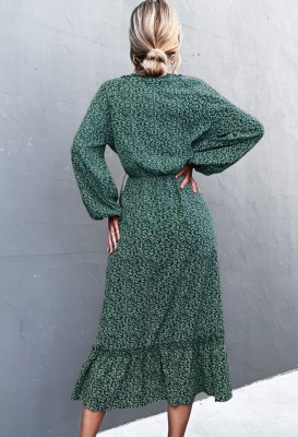 Women Spring Green Vintage V-neck Full Sleeves Dot Print Ruffles Midi Loose Holiday Dress