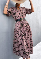 Women Summer Pink Vintage V-neck Half Sleeves Dot Print Midi Loose Holiday Dress