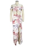 Women Summer Pink Sexy Off-the-shoulder Short Sleeves High Waist Floral Print Ruffles Loose MidiTwo Piece Skirt Set