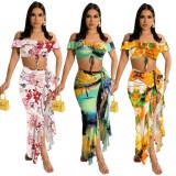 Women Summer Pink Sexy Off-the-shoulder Short Sleeves High Waist Floral Print Ruffles Loose MidiTwo Piece Skirt Set