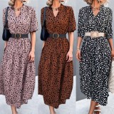 Women Summer Brown Vintage V-neck Half Sleeves Dot Print Midi Loose Holiday Dress