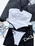 Women White Halter Bandeau Lace Up Two Piece Swimwear