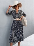 Women Summer Black Vintage V-neck Half Sleeves Dot Print Midi Loose Holiday Dress