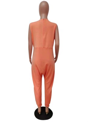 Women Summer Orange Casual V-neck Sleeveless Solid Pockets Full Length Loose Jumpsuit