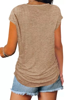 Women Summer Khaki Casual V-neck Short Sleeves Solid Zippers Regular T-Shirt