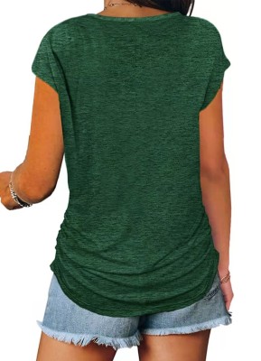 Women Summer Green Casual V-neck Short Sleeves Solid Zippers Regular T-Shirt