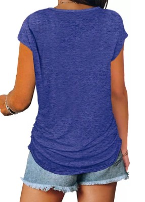 Women Summer Blue Casual V-neck Short Sleeves Solid Zippers Regular T-Shirt