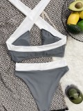 Women Grey Halter Color Blocking Two Piece Swimwear